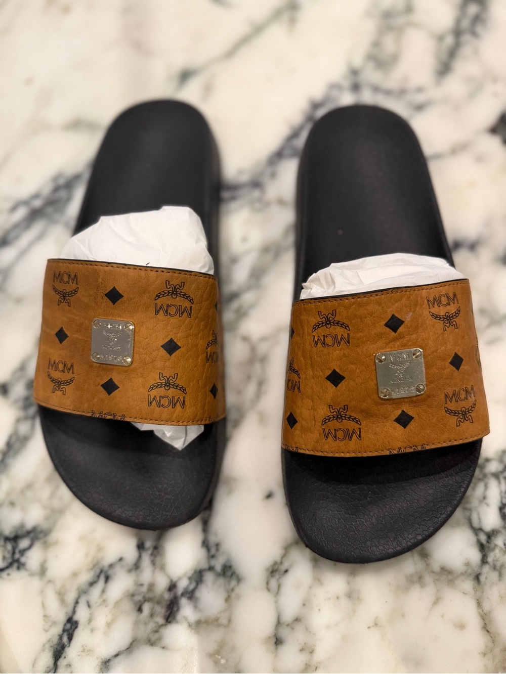 MCM Visetos Slide Sandals Cognac Monogram with Box & Accessories